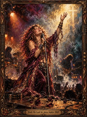 An impassioned singer reaches toward golden light on a smoky 1960s stage, gripping a microphone as shadowed musicians perform behind her. Deep burgundy fabric, scattered roses, and swirling violet haze heighten the raw, spiritual mood. Expressive oil brushwork and an ornate bronze guitar-themed frame complete the dramatic portrait.