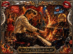 Kung Fu Hand Painting - A fiery 1950s rock-and-roll pianist pounds a blazing grand piano before a jubilant dancing crowd in a neon-lit honky-tonk. Rich reds, golds, black, and electric blue glow beneath dramatic stage lights. Thick expressive oil-paint textures, chrome ornamentation, musical motifs, flaming corners, and a vintage engraved title plate create explosive theatrical energy.
