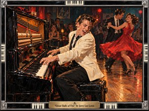 Kung Fu Hand Painting - An exuberant pianist in a cream jacket pounds an upright piano as dancers whirl through a lively 1950s nightclub. Thick, expressive brushwork captures scarlet fabric, glossy ebony, and amber reflections against deep teal shadows. A chrome and black lacquer frame with piano key inlays surrounds the scene, completed by an engraved brass title plate.