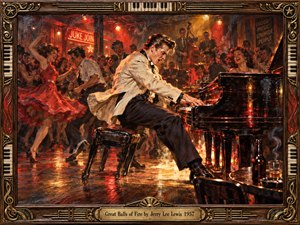 A fiery 1950s juke joint erupts with motion as a flamboyant pianist pounds a glossy black grand piano amid dancing crowds and musicians. Blazing reds, amber light, smoky shadows, and reflected floorboards create feverish energy. Expressive oil-paint textures, neon accents, and an ornate piano-themed frame heighten the wild rock-and-roll atmosphere.