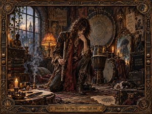 A solitary bohemian musician kneels in a candlelit loft, holding a flute amid drums, incense, books, rugs, and mystical objects. Warm amber and bronze tones contrast with cool window light, creating an introspective, ritualistic mood. Rich mixed-media textures, ornate framing, smoky depth, and handcrafted details evoke late-1960s progressive rock mysticism.