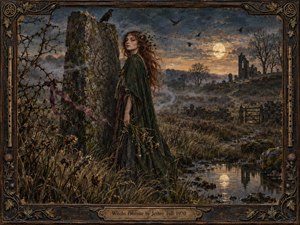 A solitary red-haired woman stands beside a weathered standing stone on a moonlit moor, surrounded by thorny branches, wild grasses, drifting mist, and distant ruins. Muted greens, browns, and silver-gold light create a haunting, romantic mood. The richly textured painterly style and ornate carved frame evoke ancient folklore and quiet foreboding.