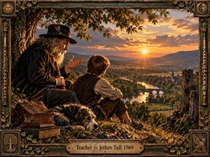 A weathered teacher and young student sit beneath an ancient tree, overlooking a river valley glowing in golden sunset light. Rich earth tones, distant hills, village rooftops, and ruined stone create a reflective, timeless mood. Detailed painterly realism, worn books, a resting dog, flute motifs, and an ornate antique frame deepen the nostalgic atmosphere.
