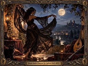 A mysterious black-satin dancer moves across a moonlit stone terrace overlooking a distant castle, river, and sleeping town. Warm lanterns and candlelight contrast with cool blue night tones, illuminating flowing fabric, antique furnishings, a lute, flute, and black cat. Ornate bronze framing gives the richly detailed scene a romantic, theatrical, old-world atmosphere.