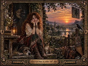 A red-haired young woman rests thoughtfully beside a rustic cottage, framed by a shaggy dog, cat, books, lantern, wildflowers, and folk instruments. Beyond her, a glowing sunset illuminates a misty village, river, bridge, church, raven, and distant ruins. Rich earth tones, detailed textures, and an ornate Celtic frame create nostalgic mystery.
