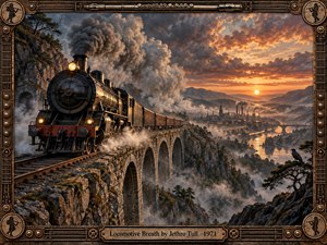 A powerful steam locomotive charges across a towering stone viaduct above a misty mountain valley, trailing dense smoke toward a distant industrial town. Fiery sunset light contrasts with black iron, weathered stone, and bronze tones. An ornate mechanical frame, raven, rugged cliffs, and engraved title plate create a tense, cinematic steampunk atmosphere.
