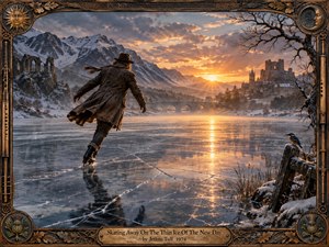 A solitary skater glides across cracked lake ice toward a radiant winter sunrise, framed by snowbound mountains, ruins, a stone bridge, and a distant village. Cool blue-gray shadows contrast with golden light reflecting across the ice. Painterly realism, ornate Celtic-inspired framing, a perched bird, and weathered details create a reflective, precarious mood.