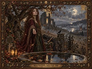 A mysterious red-haired woman stands beside a moonlit stone pool beneath a twisted autumn tree, surrounded by ancient ruins, drifting leaves, and misty hills. Deep burgundy, moss green, bronze, and silver tones create a haunting folk-mystical mood, while warm lantern light, carved framing, a raven, and resting flute enrich the richly textured painterly scene.