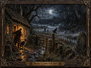 A lantern-bearing figure and watchful dog stand beside a glowing stone cottage on a misty moonlit moor, where twisted trees, standing stones, wet paths, and a startled raven deepen the unease. Rich oil-paint textures, cold blue-gray shadows, amber light, carved wood, and hidden glowing eyes create tense folk-horror atmosphere.