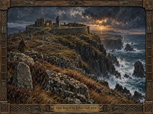 A solitary cloaked figure approaches an ancient stone fort above a storm-tossed coast, surrounded by windswept grasses, carved stones, and jagged cliffs. Slate blues, iron grays, earthy browns, and muted golds create a brooding twilight mood. Textured painterly brushwork, crashing surf, seabirds, and glowing cloud breaks suggest timeless memory and isolation.