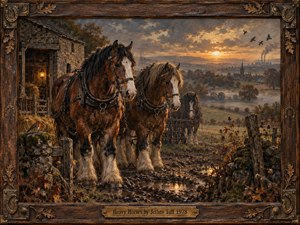 Two massive draft horses stand in a muddy farm lane beside a stone barn, rendered in richly textured painterly detail. Warm sunset light washes the autumn countryside in gold and amber, while distant mist, birds, and smokestacks add wistful depth. An ornate carved wooden frame and brass title plate complete the rustic, nostalgic scene.