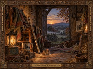 A small brown mouse pauses on a rustic cottage floor beside a lantern, mug, and wooden flute, while a sleeping dog rests near an open doorway overlooking a misty autumn valley at sunset. Warm amber light, rich wood textures, and an ornate carved frame create a cozy, nostalgic, finely painted pastoral scene.