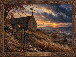 A weathered stone cottage overlooks an autumn valley beneath a dramatic storm-darkened sky, while a wrought iron weathercock turns above the roof. Golden sunset light breaks through blue-gray clouds, illuminating windblown grasses, fallen leaves, distant hills, and village rooftops. Richly textured painterly detail creates a rustic, reflective atmosphere.