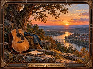A weathered acoustic guitar rests beneath an ancient tree overlooking a peaceful river valley at sunset. Golden light illuminates autumn foliage, a distant bridge, and a quiet town. A journal, harmonica, and travel bag evoke cherished memories. Rich oil painting textures and an ornate wooden frame enhance the nostalgic atmosphere.