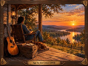 A nostalgic oil painting depicts a contemplative man resting on a rustic porch beside his acoustic guitar, faithful dog, and handwritten journals. Golden sunset light illuminates a winding river and distant wooded hills. Rich amber tones, expressive brushwork, and an ornate guitar-inspired wooden frame evoke reflection, tranquility, and passing time.