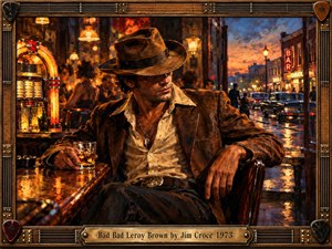 A rugged man in a fedora lounges confidently inside a smoky vintage bar, surrounded by glowing amber lights and a colorful jukebox. Beyond the doorway, rain-soaked streets shimmer beneath neon signs. Rich oil brushstrokes capture the rebellious atmosphere, while an ornate guitar-string frame and engraved brass title plate complete the composition.