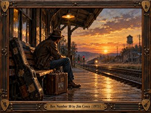 A solitary traveler sits at a weathered railway station beside his guitar case and suitcase, watching an approaching train beneath a glowing orange sunset. Rich oil painting textures, reflective wet pavement, and distant buildings evoke loneliness and uncertain beginnings. An ornate wooden frame with guitar motifs completes the nostalgic scene.