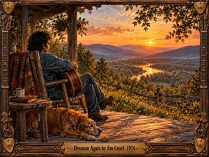 A nostalgic oil painting depicts a solitary guitarist relaxing on a rustic porch beside his sleeping dog, overlooking a winding river and distant mountains. Golden sunset light bathes the autumn countryside in amber and orange. An ornate wooden guitar-themed frame and engraved brass title plate enhance the warm, reflective atmosphere.