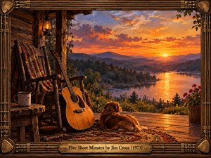 A rustic cabin porch overlooks a glowing river valley beneath a fiery orange sunset. An acoustic guitar, rocking chair, lantern, and resting dog create a peaceful, nostalgic atmosphere. Rich oil-painted textures and warm golden light evoke quiet reflection. An ornate brass-and-wood guitar-string frame surrounds the scene with an engraved title plate.