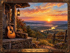 A richly textured oil painting depicts a rustic cabin porch overlooking a winding river and misty autumn valley at sunset. An acoustic guitar, weathered suitcase, and glowing lantern evoke nostalgia and hopeful beginnings. Golden orange skies illuminate distant mountains, while an ornate wooden frame with guitar strings and brass accents completes the composition.