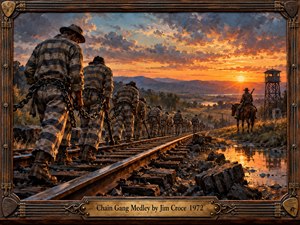 A weary chain gang marches along railroad tracks beneath a fiery orange sunset, their heavy chains symbolizing hardship and captivity. A mounted guard and distant watchtower overlook the rugged landscape. Rich oil painting textures, dramatic golden light, and deep shadows evoke historical melancholy, enclosed within an ornate wooden and brass frame.