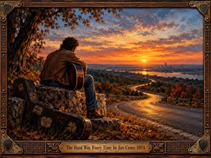 A solitary guitarist rests beside a winding country road overlooking a distant city at sunset. Fiery orange and golden skies illuminate autumn foliage, weathered stone, and a reflective roadway. Rich oil painting textures evoke perseverance, regret, and contemplation. An ornate guitar-inspired wooden frame surrounds the nostalgic scene.
