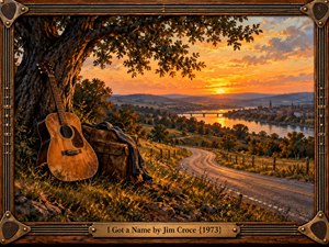 A weathered acoustic guitar and travel bag rest beneath an ancient tree overlooking a winding country road, peaceful river, and distant town. Golden sunset light bathes rolling hills in amber and copper tones. Rich oil painting textures evoke freedom, identity, and nostalgia, framed by rustic wood, guitar strings, and engraved brass.