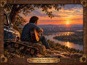 A solitary guitarist sits on a rocky overlook beside a vintage car, contemplating a distant city and winding river beneath a glowing sunset. Rich amber, copper, and violet tones evoke nostalgia and quiet heartbreak. Detailed oil painting textures, autumn foliage, and an ornate guitar-inspired wooden frame complete the wistful composition.