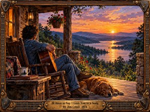 A warm, nostalgic oil painting depicts a guitarist relaxing on a rustic porch beside a sleeping golden dog. Brilliant orange and lavender sunset light illuminates a winding river, distant mountains, and lush woodland. Rich textures, intimate details, and a decorative guitar-inspired frame evoke tenderness, reflection, and timeless acoustic romance.
