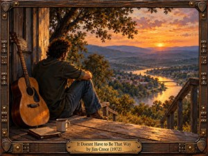 A solitary man sits on a weathered wooden porch overlooking a winding river and distant town at sunset. An acoustic guitar, notebook, and coffee cup evoke quiet reflection. Golden light washes across autumn trees and blue hills. Rich oil painting textures and an ornate bronze frame create nostalgic warmth.