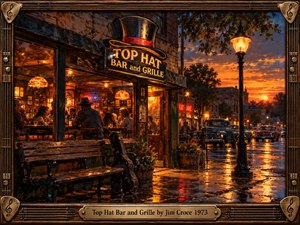 A nostalgic oil painting captures a lively neighborhood tavern glowing beneath a fiery sunset. Warm amber windows reveal patrons sharing stories, while vintage cars and rain-soaked pavement reflect golden streetlights. A weathered bench and guitar case evoke wandering musicians. Ornate wooden framing, brass musical accents, and engraved lettering complete the atmosphere.