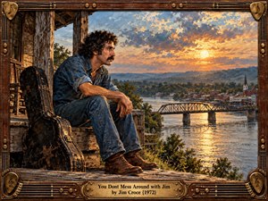 A rugged, mustached musician sits thoughtfully on a weathered wooden porch beside his guitar case, overlooking a peaceful riverside town and iron bridge at sunset. Rich golden light illuminates dramatic clouds and shimmering water. Expressive oil painting textures, rustic architecture, and an ornate brass guitar-themed frame evoke nostalgic 1970s Americana.