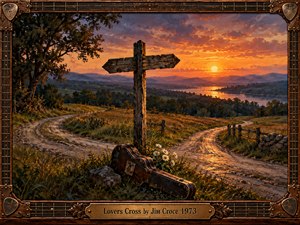 A weathered wooden signpost stands where two country roads diverge beneath a glowing orange sunset. A battered guitar case and white daisies rest nearby, suggesting love, sacrifice, and difficult choices. Rich oil painting textures capture rolling hills, distant water, and dramatic skies, enclosed within an ornate guitar-inspired wooden frame.