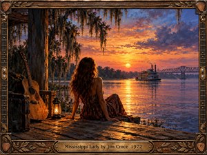 A woman sits quietly on a weathered Mississippi river dock at sunset, surrounded by an acoustic guitar, glowing lantern, and hanging Spanish moss. Golden reflections shimmer beneath a distant steamboat and iron bridge. Rich orange, purple, and blue oil-painted textures evoke Southern nostalgia, framed by carved wood and antique brass.