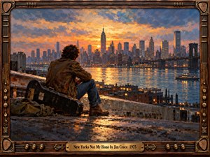 A solitary traveler sits beside a weathered guitar case overlooking New York City at sunset. Golden reflections shimmer across the river beneath a dramatic blue and orange sky. Expressive oil brushwork captures loneliness and longing, while an ornate guitar-inspired wooden frame and engraved brass title plate complete the nostalgic composition.