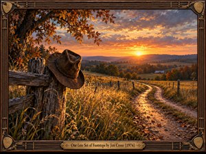 A weathered cowboy hat rests on a rustic fence beside a winding country road glowing beneath an autumn sunset. Golden grasses, distant farmhouses, and rolling hills evoke bittersweet freedom and departure. Rich oil painting textures, dramatic amber lighting, and an ornate guitar-inspired wooden frame create a nostalgic Americana atmosphere.