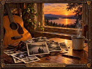 A nostalgic oil painting depicts a rustic lakeside room filled with faded photographs, worn albums, and an acoustic guitar. Golden sunset light illuminates a wooden table, steaming coffee, and cherished keepsakes. Warm amber tones, expressive brushwork, and an ornate guitar-inspired frame evoke tender remembrance, lost love, and passing time.