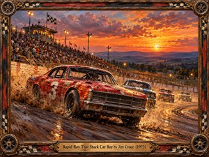 A battered red stock car powers through a muddy dirt track, pursued by rivals beneath a fiery orange sunset. Crowded grandstands, glowing floodlights, and distant purple hills evoke vintage American racing. Expressive oil brushwork captures flying mud, speed, and excitement, surrounded by an ornate weathered racing frame and engraved title plate.