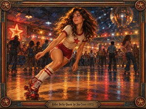 A confident roller skater in red and white glides across a bustling 1970s rink, her flowing hair illuminated by golden lights. Vibrant reflections shimmer across the polished floor beneath a glittering disco ball. Rich, expressive brushwork captures nostalgic excitement, while an ornate bronze frame with star medallions completes the vintage composition.