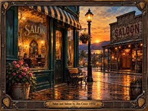 A nostalgic oil painting captures a charming small-town street at sunset, contrasting an elegant teal salon with a rustic wooden saloon. Golden lamplight illuminates rain-soaked cobblestones, blooming flowers, and distant mountains. Rich amber reflections create a warm, wistful atmosphere, enclosed within an ornate guitar-inspired frame with an engraved brass title plate.