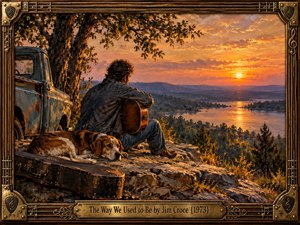 A solitary guitarist rests beside his loyal dog and weathered pickup, overlooking a peaceful river valley at sunset. Rich oil painting textures blend golden orange skies, distant purple hills, and deep woodland shadows. An ornate brass and carved wood frame with musical details enhances the nostalgic, reflective atmosphere.