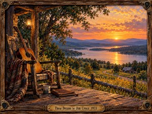 A rustic porch overlooks a peaceful river valley beneath a glowing orange and pink sunset. An acoustic guitar rests against a weathered chair draped in a patterned blanket. Warm lantern light, distant mountains, and golden wildflowers evoke nostalgia and quiet reflection. Rich painterly textures complement the ornate wooden frame.