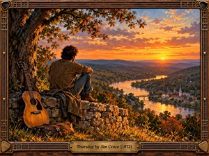 A solitary man rests beneath an autumn tree, overlooking a winding river and distant village at sunset. An acoustic guitar leans nearby, suggesting quiet reflection and bittersweet memories. Rich amber, copper, and violet tones illuminate the detailed oil painting, enclosed within an ornate wooden frame featuring guitar strings and brass accents.