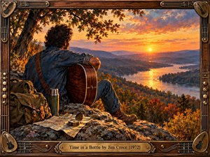 A solitary guitarist rests on a rocky overlook, contemplating a golden sunset above a winding river and autumn forests. Warm amber, copper, and violet tones evoke nostalgia and fleeting time. Rich oil painting textures, vintage travel accessories, and an ornate wooden frame with brass musical details create a tender, reflective atmosphere.