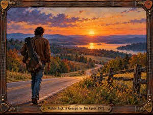 A lone traveler carrying a guitar case walks along a winding country road toward a golden sunset. Rolling autumn hills, distant mountains, and shimmering water evoke longing and homecoming. Rich orange and violet tones illuminate expressive oil brushwork. A rustic guitar-inspired wooden frame surrounds the scene, featuring an engraved brass title plate.