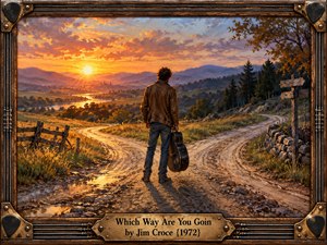 A solitary traveler carrying a guitar case stands at a forked country road beneath a brilliant golden sunset. Rolling hills, distant mountains, and winding paths evoke uncertainty and reflection. Rich amber, violet, and earthy tones illuminate the expressive oil painting, enclosed within an ornate wooden frame featuring guitar strings and engraved brass.