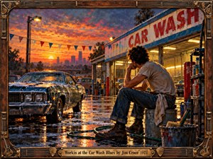 A weary car wash worker rests beside a sudsy vintage automobile beneath a fiery orange sunset. Wet pavement reflects golden light across the bustling 1970s setting. Expressive oil brushwork captures frustration, exhaustion, and fading ambition. A rustic guitar-inspired wooden frame with ornate brass details completes the nostalgic Americana composition.