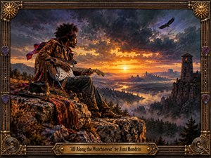 A lone guitarist sits on a rugged cliff overlooking a misty valley, winding river, distant ruins, and a glowing watchtower beneath turbulent storm clouds. Fiery sunset light cuts through deep blues and purples, creating a tense, mystical mood. Rich painterly detail, psychedelic textures, ornate guitar-inspired framing, and a brass title plate complete the scene.