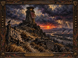 A battered stone watchtower rises above a rugged hillside beneath turbulent violet-black storm clouds and a fiery sunset. Lightning flashes across distant mountains while smoke drifts over a shadowed valley. Warm amber light, carved wooden framing, weathered banners, ravens, and expressive painterly textures create a tense, apocalyptic, late-1960s atmosphere.