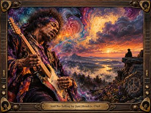 Jimi Hendrix dominates the left side, absorbed in playing guitar against a vast psychedelic mountain landscape. Swirling violet, turquoise, orange, and gold clouds surround a luminous sun, while a distant seated figure adds mystery. Rich painterly textures, dramatic sunset lighting, wildflowers, and an ornate guitar-themed frame create a visionary 1960s atmosphere.